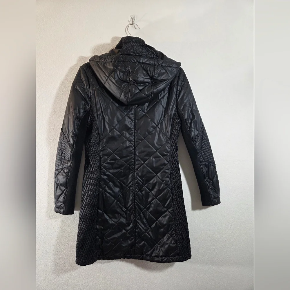 BCBGeneration Black Longline Quilted Lightweight Detachable Hood Puffer Coat